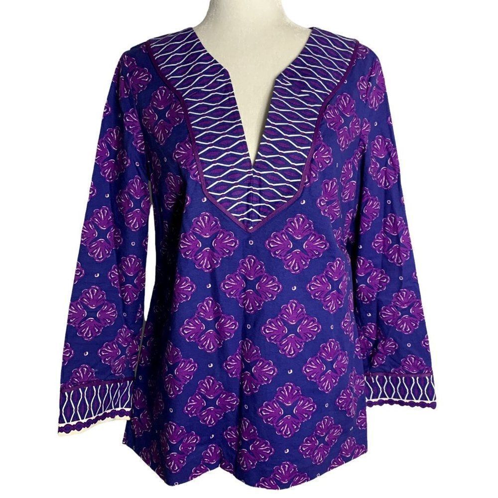 Vineyard Vines Split V Tunic Top 8 Blue Purple Floral Long Sleeve Lined Zipper